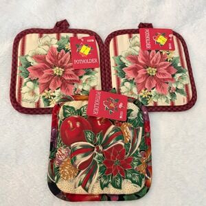 Barth & Dreyfuss Potholders Set 3 Christmas Poinsettia Apple Vintage Red Green